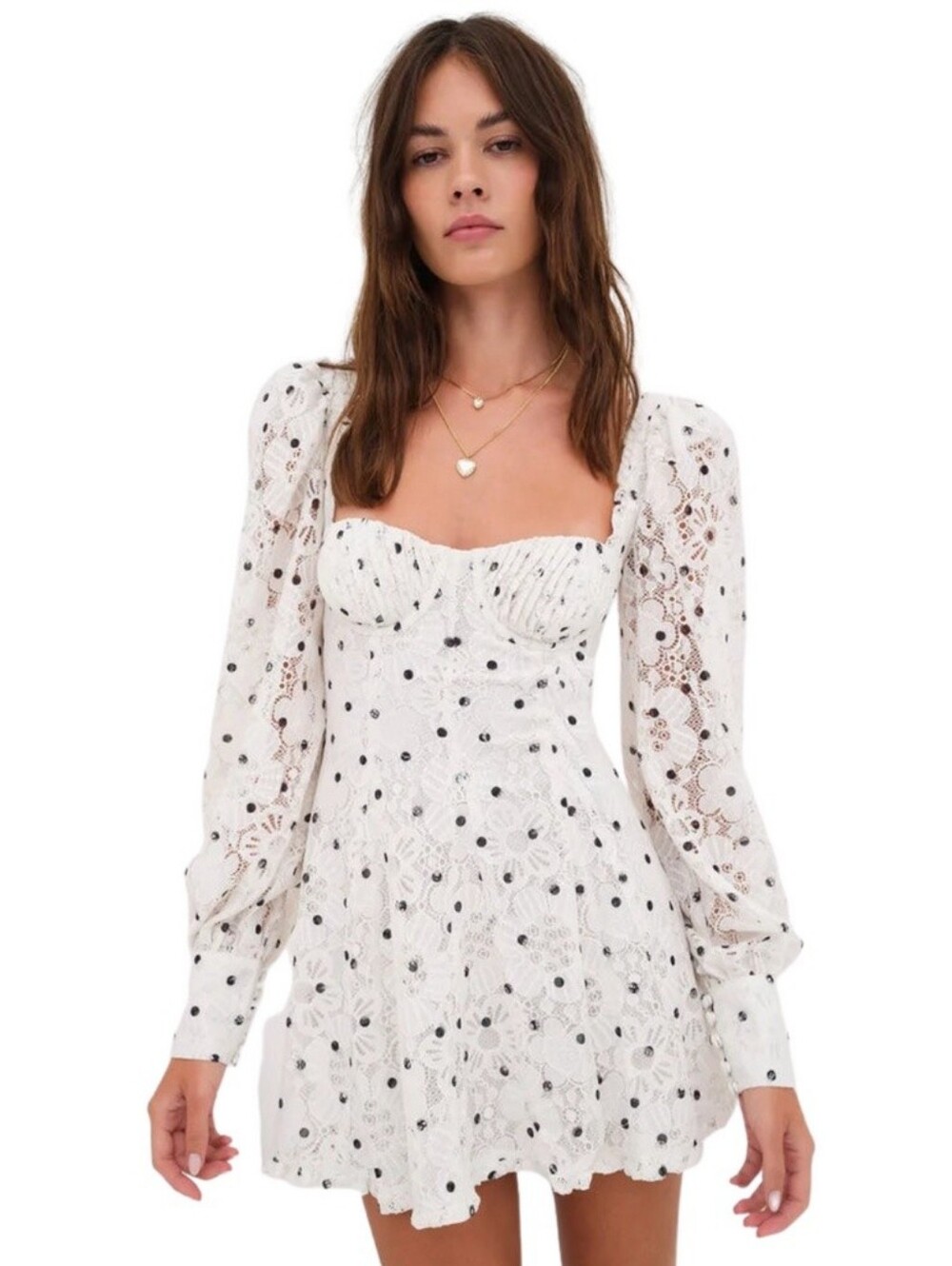 For Love & Lemons Donna polka dot lace mini dress long sleeves black white large